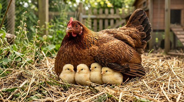Mother hen with chicks in a rustic outdoor setting