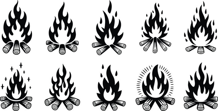 Campfire flame silhouette collection with burning wood logs isolated on white background, black fire icon set for camping, survival gear branding and outdoor adventure design