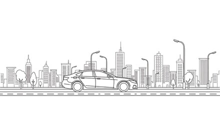 Naklejka premium Flat line art of a modern sedan car on a city road with a tall building skyline