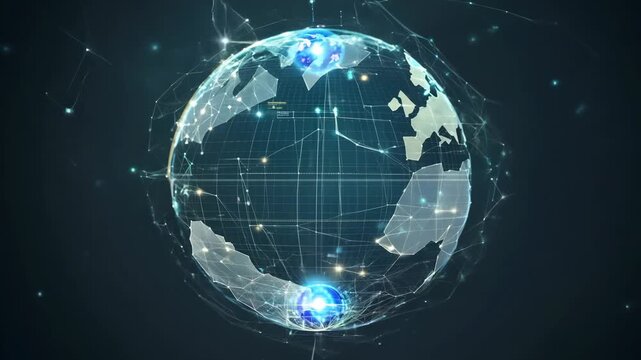 Digital globe visualization with interconnected lines and glowing nodes representing global connectivity, rotating against a dark background showcasing continents and data points
