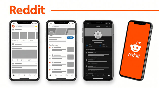 2026 Reddit mockup social media template. Reddit mobile app interface template. Reddit Home, Subreddit, Profile, Inbox ui screen display. Social network mockup in smartphone screen frame design.