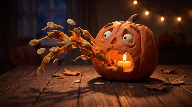 Claymation jack-o-lantern spitting seeds and pulp with scared expression on rustic table