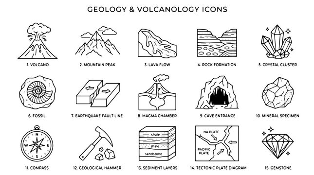 Geology, Volcanology Icons, Black and White, Vector, 16 Symbols