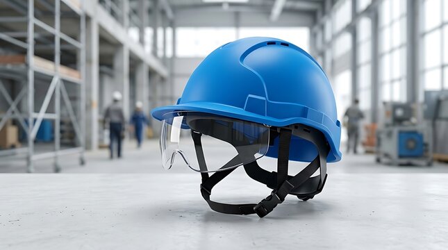 Blue construction safety helmet with face shield on ground