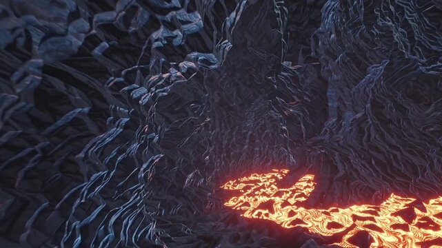 Subterranean cavern with molten lava flow, glowing orange river curling through jagged basalt walls, warm ember reflections and deep shadowed passages, dramatic geological footage for adventure.