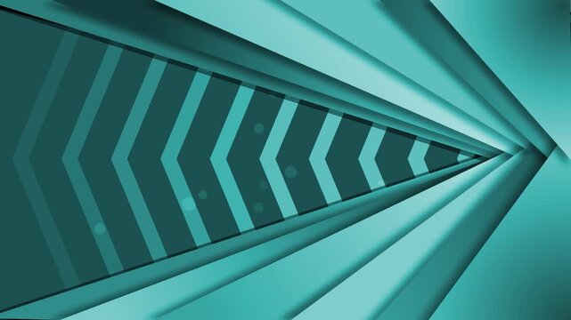 Abstract tunnel with converging chevrons and layered metallic surfaces, monochrome dynamic perspective animation