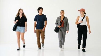 Obraz premium Four diverse young adults walking together in casual clothing