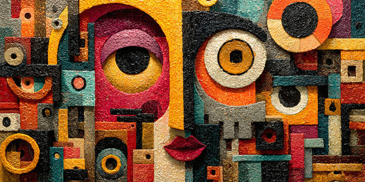 Abstract cubist chaotic battle scene with bold colors and geometric shapes in modern art style