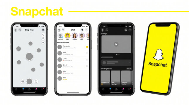 2026 Snapchat mockup social media template. Snapchat mobile app interface template. Snapchat map chat spotlight UI screen display. Snapchat mockup in smartphone frame. Social network layout design.