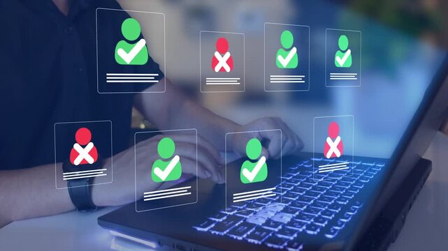 Hiring resume filtering employee candidate. Employee approval process management.  Digital documents with check marks verified staff records and online HR management. 
