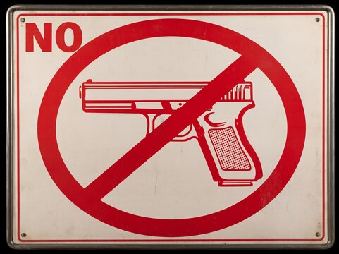 No gun sign, prohibition warning sign, ban. Restricted area, pistol not allowed. Vector image silhouette, illustration isolated on white background. Anti war sign for campaign. Forbidden, no gun.