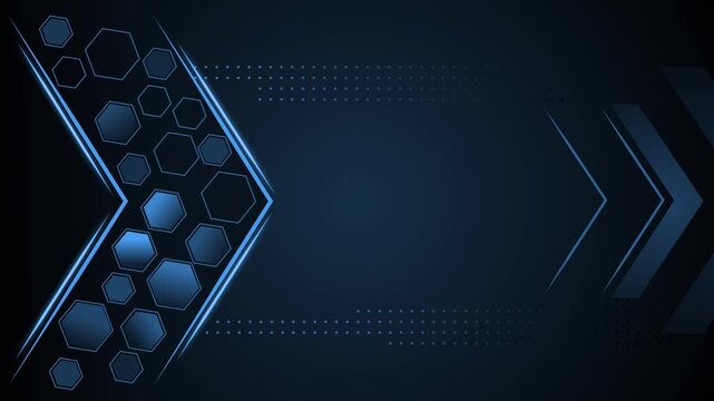 Dark futuristic background with neon hexagons and chevron arrows pointing right animation