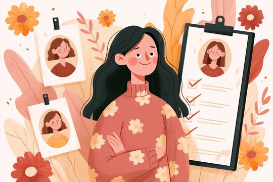 3D Self assessment, evaluate yourself for personal development or work improvement, woman giving check on checkbox in achievement list notepad paper. Personality trait. Self-esteem 3D render