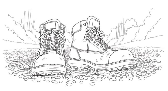 Line art illustration of hiking boots on a rocky forest path