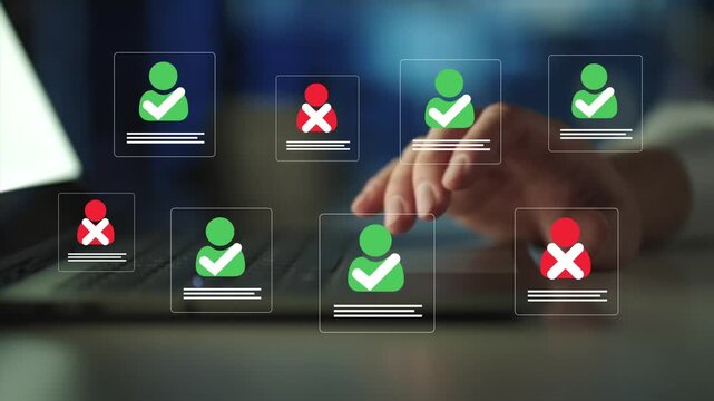 Hiring resume filtering employee candidate. Employee approval process management.  Digital documents with check marks verified staff records and online HR management. 