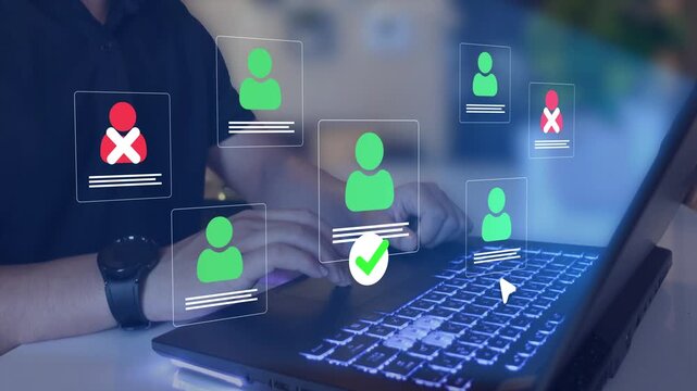 Hiring resume filtering employee candidate. Employee approval process management.  Digital documents with check marks verified staff records and online HR management. 