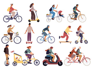 People use public transit. City residents get around using eco friendly vehicles. Roller skates. Men drive electric cars. Self propelled devices. Bicycles and scooters. Transport vector set © VectorBum