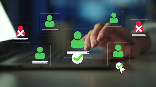 Hiring resume filtering employee candidate. Employee approval process management.  Digital documents with check marks verified staff records and online HR management. 