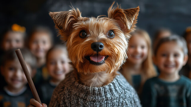 Dog dressed as a teacher holding a pointer stick in front of a group of smiling children white backdrop 