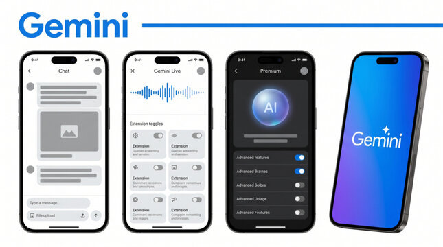 2026 Gemini AI mobile app interface mockup. Google Gemini assistant template. Voice chat, settings, premium screens on smartphone. AI bot UI screen display mockup for social media and web design.