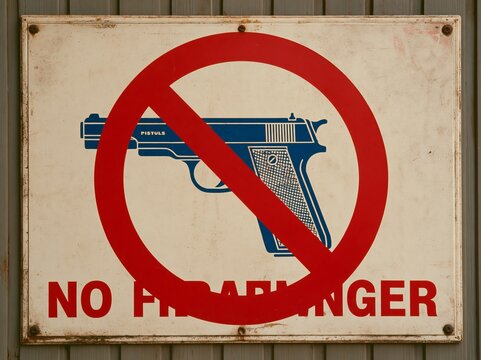 No gun sign, prohibition warning sign, ban. Restricted area, pistol not allowed. Vector image silhouette, illustration isolated on white background. Anti war sign for campaign. Forbidden, no gun.