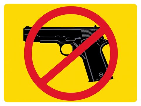 No gun sign, prohibition warning sign, ban. Restricted area, pistol not allowed. Vector image silhouette, illustration isolated on white background. Anti war sign for campaign. Forbidden, no gun.