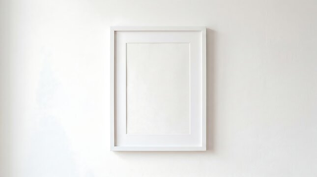 A minimalist white picture frame hanging on a plain white wall, ready for artwork