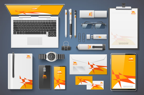 Corporate identity design. Realistic top down renderings of office supplies and gadgets. Branding mockups for business workspaces. Laptop and stationery. Vector working accessories set