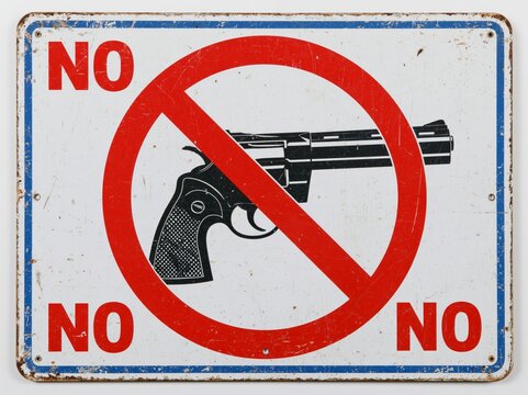 No gun sign, prohibition warning sign, ban. Restricted area, pistol not allowed. Vector image silhouette, illustration isolated on white background. Anti war sign for campaign. Forbidden, no gun.