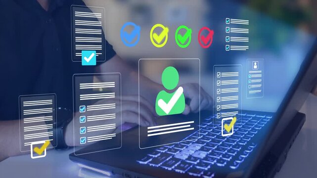 CV review and hiring approval process displayed on digital interface. Business recruitment workflow with employee applications. 