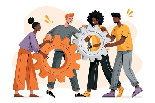 Team or organization, office role or job position or skills to drive company, teamwork or collaboration for success, team effort 3D concept, business people working to rotate connected cogwheels gear