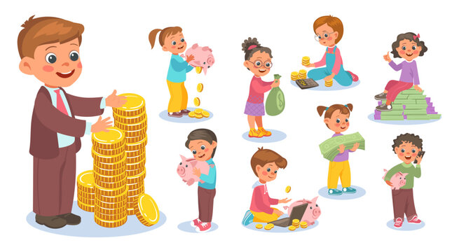 Children and money. Financial literacy. Little economists. Boys and girls with coins and banknotes. Bills and piggy bank. Kid counting profits. Economy management. Vector concepts set