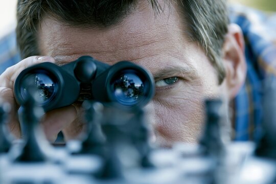 Success strategy, plan ahead to win business competition, 3D illustration, leadership vision or looking for opportunity, competitor analysis concept, chess figures with binocular to look ahead