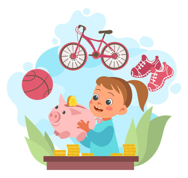 Child saving money. Sweet little girl deciding what to buy. Piggy bank filled with coins. Teaching children about money management. Kid choosing between bike and ball. Vector concept