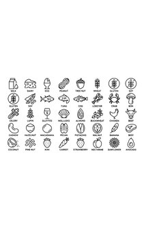 Food Allergen Icon Set with Editable Line Style for Packaging Labels and Nutrition Design