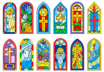 Obraz premium Cathedral stained glass windows. Biblical scenes depicted in colored mosaics. Catholicism worship. Christianity architecture. Christian church decoration. Gothic arched frames vector set