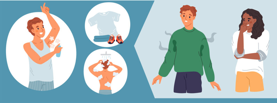 Causes of body odor. Eliminating unpleasant smell. Man showering and using deodorant. Sweating problem. Clothing laundry. Personal daily hygiene. Clean and fresh clothes. Vector banner