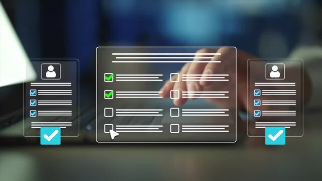 CV review and hiring approval process displayed on digital interface. Business recruitment workflow with employee applications. 