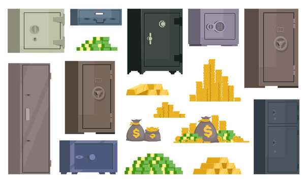 Cash and bank vaults. Safe deposit boxes. Golden coins and metal bars. Bundles of banknotes. Safeboxes for storing valuables. Combination locks. Finance storage containers vector set