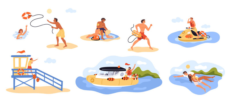 Beach lifeguards. Rescue of drowning victims. First aid. Water observation towers. Helping to swimmers. Equipment and boats. Life saving rings. Professional sea lifesavers vector set