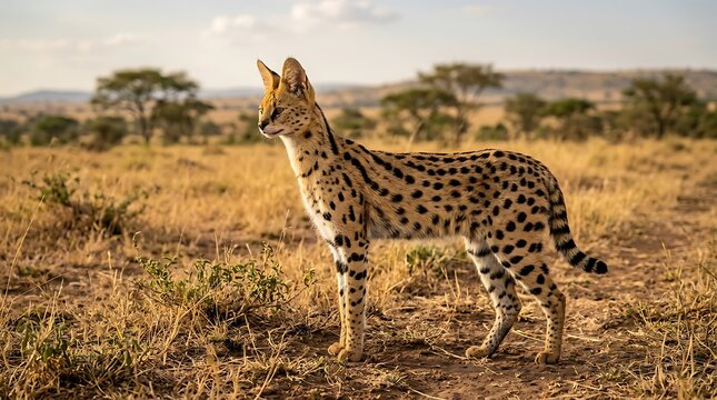 Serval cat standing in dry savanna grassland