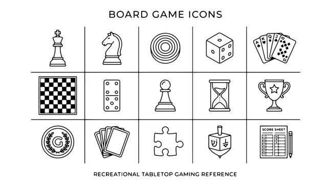 Board game icons, recreational tabletop gaming symbols, 20 tabletop game illustrations, black and white vector graphics