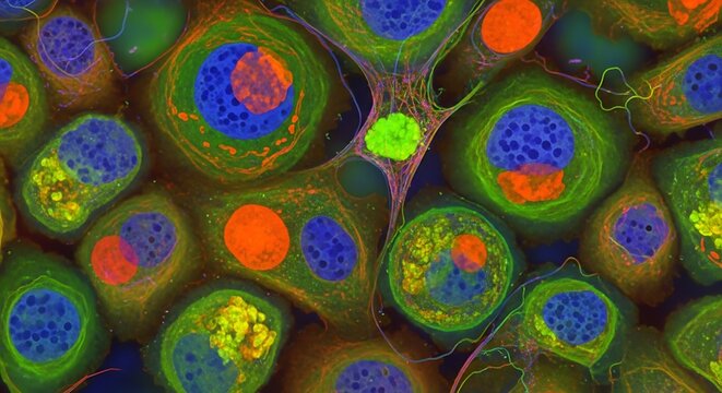 Colorful Fluorescent Cells Displaying Nuclei and Cytoskeleton Under Microscope