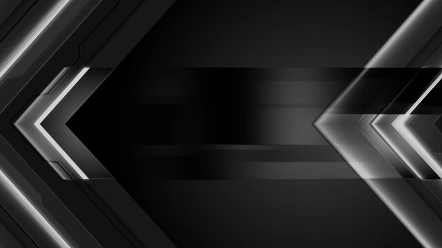Dark futuristic abstract background with glowing chevrons and diagonal lines animation