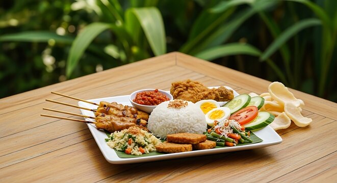 Traditional indonesian nasi campur plate with chicken satay skewers and fresh vegetables on a table. Easy Indonesian Rice