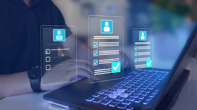 CV review and hiring approval process displayed on digital interface. Business recruitment workflow with employee applications. 