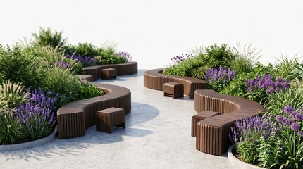 Fototapeta premium Modern garden seating area with wooden benches and purple flowers