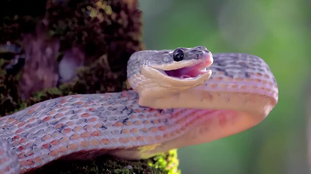 Close-up of a snake with its mouth open, perched on a mossy tree branch