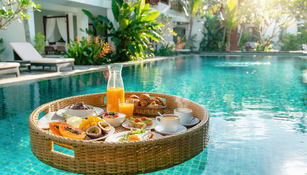 Luxury Floating Breakfast in Tropical Resort Pool Wide View