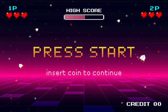 PRESS START. press start button. pixel art 8 bit. Retro Futurism Sci-Fi Background. glowing neon grid and stars from vintage arcade computer games